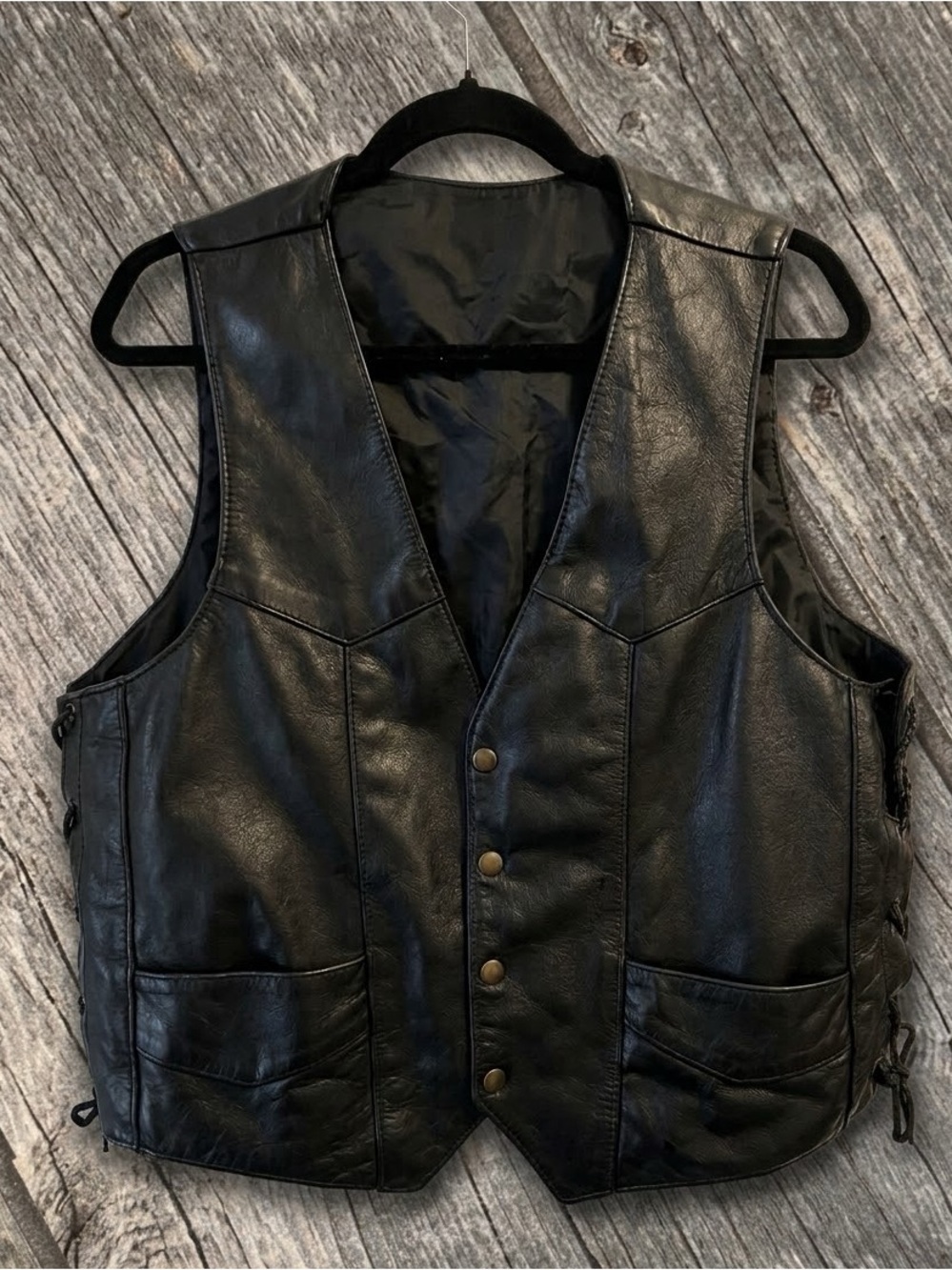 Men's Black Leather Vest - Classic Snap Front With Lace Up Sides